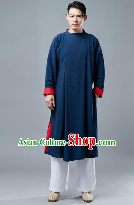 Chinese Traditional Costume Tang Suits Navy Gown National Mandarin Robe for Men