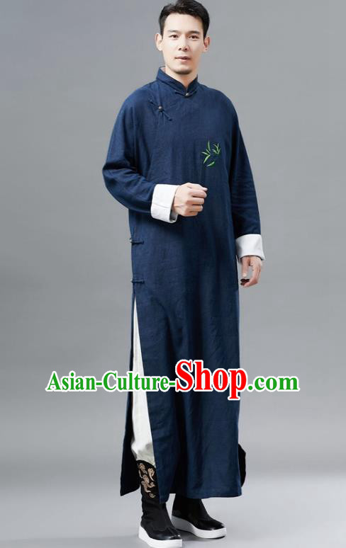 Chinese Traditional Costume Tang Suits Navy Robe National Mandarin Gown for Men