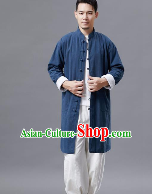 Chinese Traditional Costume Tang Suit Navy Shirts National Mandarin Gown for Men