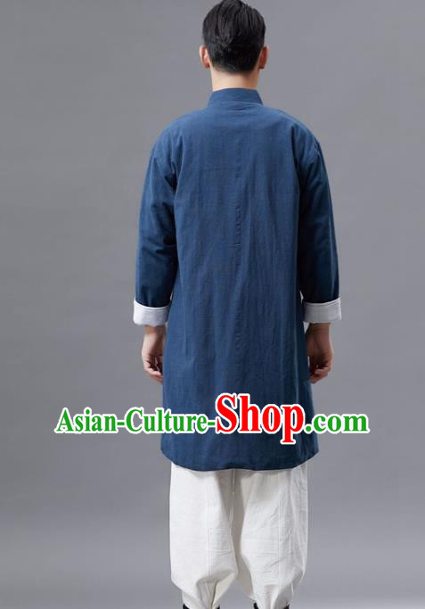 Chinese Traditional Costume Tang Suit Navy Shirts National Mandarin Gown for Men