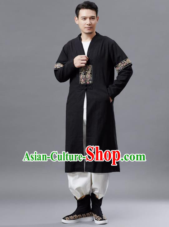 Chinese Traditional Costume Tang Suit Black Dust Coat National Mandarin Gown for Men