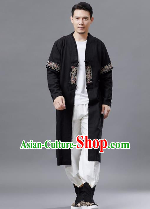 Chinese Traditional Costume Tang Suit Black Dust Coat National Mandarin Gown for Men