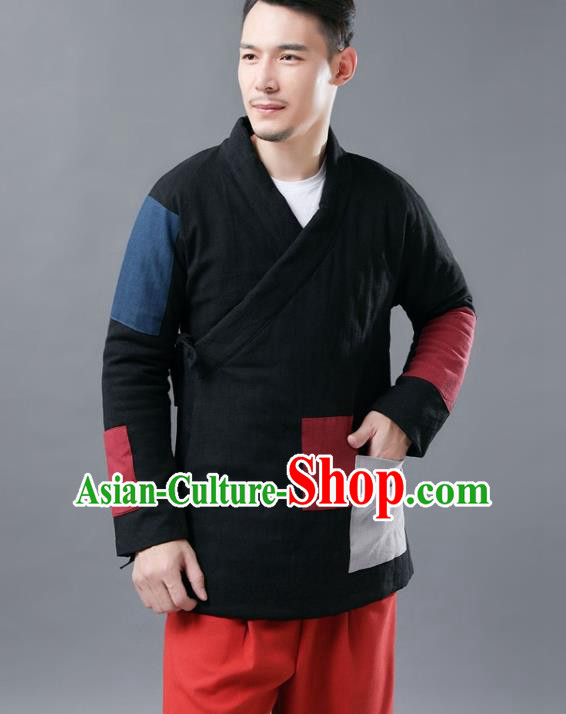 Chinese Traditional Costume Tang Suits Cotton Padded Jacket National Black Mandarin Shirt for Men