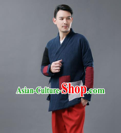 Chinese Traditional Costume Tang Suits Cotton Padded Jacket National Navy Mandarin Shirt for Men