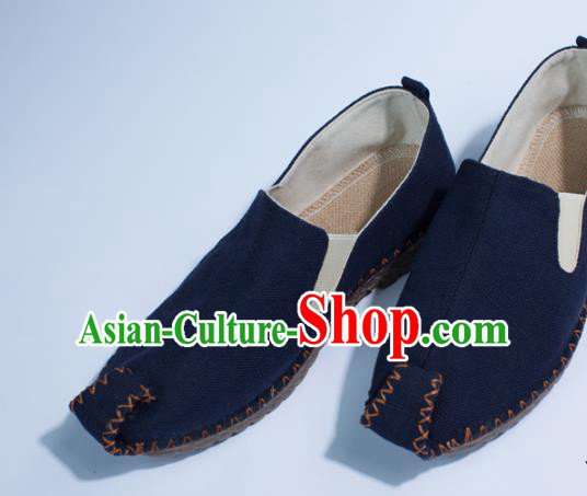 Chinese Traditional Martial Arts Shoes Kung Fu Shoes Navy Linen Monk Shoes for Men