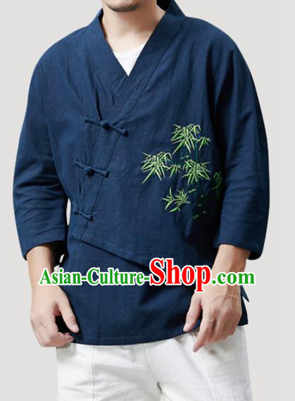 Chinese Traditional Costume Tang Suit Embroidered Bamboo Navy Shirts National Mandarin Outer Garment for Men
