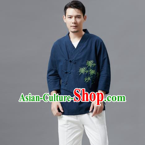 Chinese Traditional Costume Tang Suit Embroidered Bamboo Navy Shirts National Mandarin Outer Garment for Men