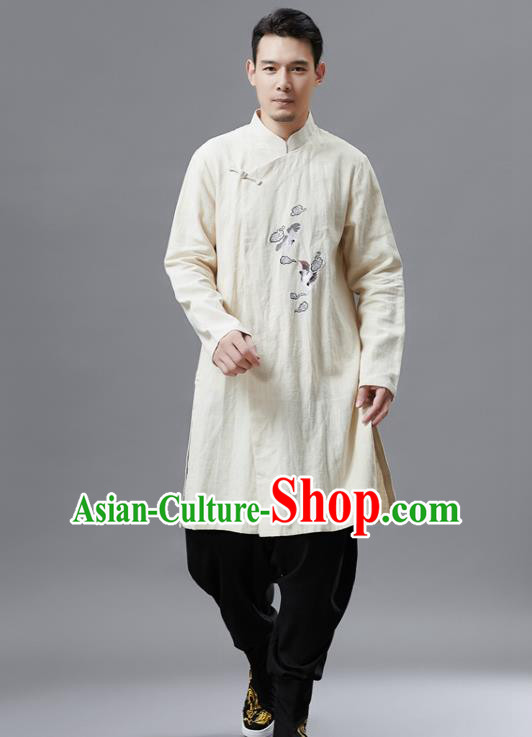 Chinese Traditional Costume Tang Suit White Gown National Mandarin Outer Garment for Men