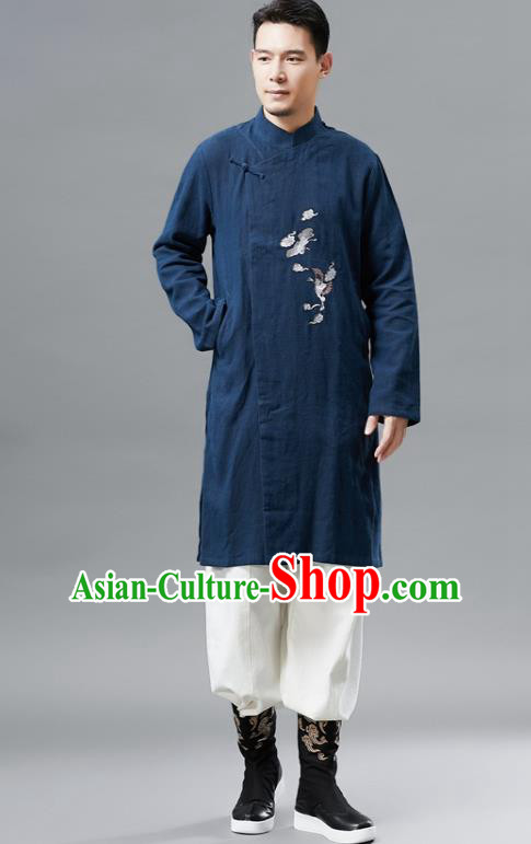 Chinese Traditional Costume Tang Suit Navy Gown National Mandarin Outer Garment for Men