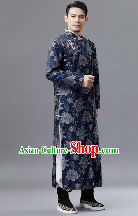 Chinese Traditional Costume Tang Suit Navy Gown National Mandarin Robe for Men