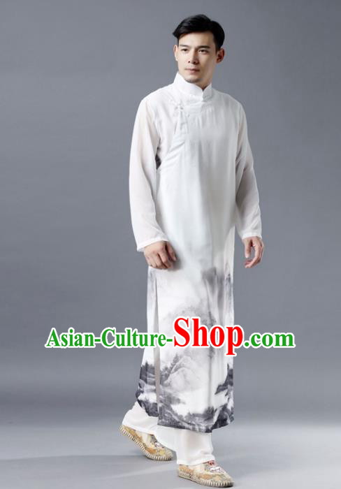 Chinese Traditional Costume Tang Suit White Robe National Mandarin Gown for Men