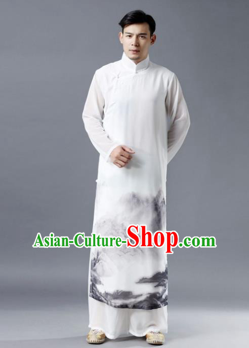 Chinese Traditional Costume Tang Suit White Robe National Mandarin Gown for Men