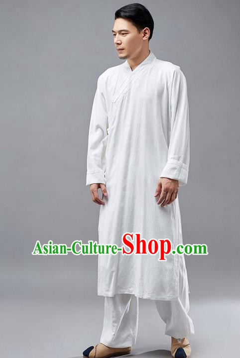 Chinese Traditional Costume Tang Suit Martial Arts White Robe National Mandarin Gown for Men