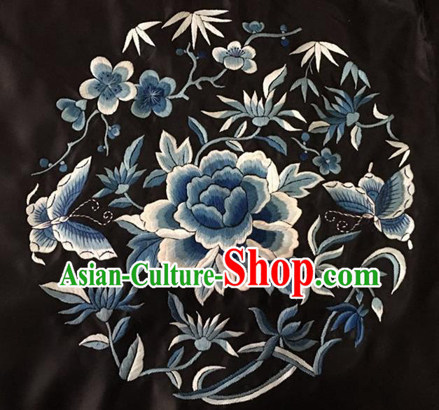 Chinese Traditional Embroidery Craft Embroidered Blue Peony Butterfly Silk Patches Handmade Embroidering Accessories