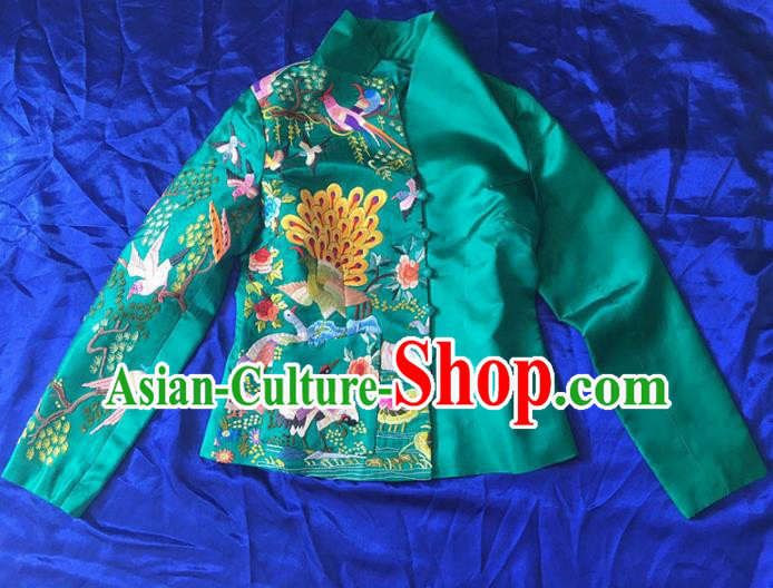 Chinese Traditional Costume Tang Suit Embroidered Green Blouse National Silk Qipao Coat for Women