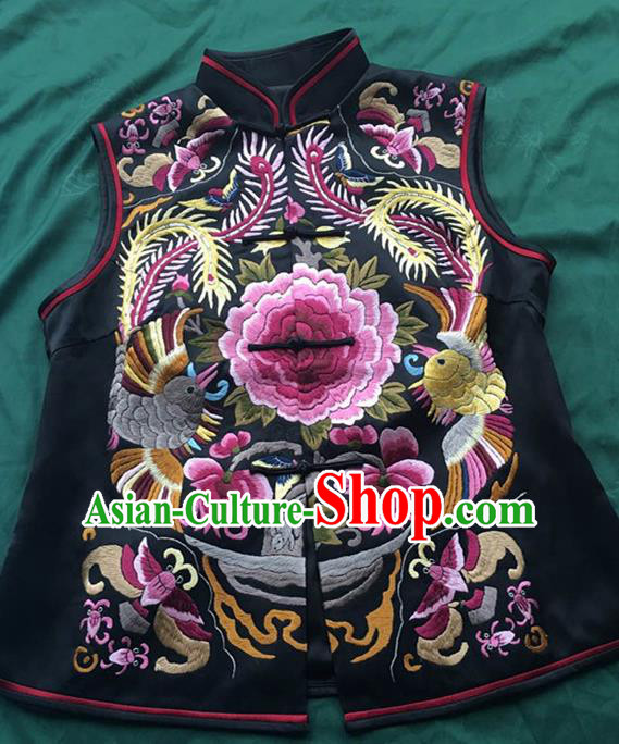 Chinese Traditional Costume Tang Suit Embroidered Peony Black Vest National Silk Qipao Waistcoat for Women