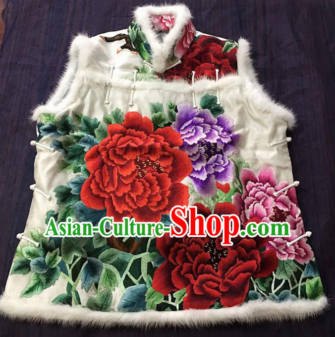 Chinese Traditional Costume Tang Suit Embroidered Peony White Vest National Silk Waistcoat for Women