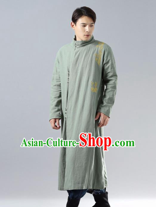 Chinese Traditional Costume Tang Suit Green Cotton Padded Robe National Mandarin Overcoat for Men