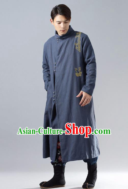 Chinese Traditional Costume Tang Suit Navy Cotton Padded Robe National Mandarin Overcoat for Men