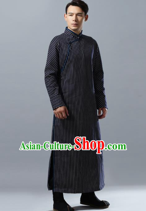 Chinese Traditional Costume Tang Suit Black Robe National Mandarin Overcoat for Men