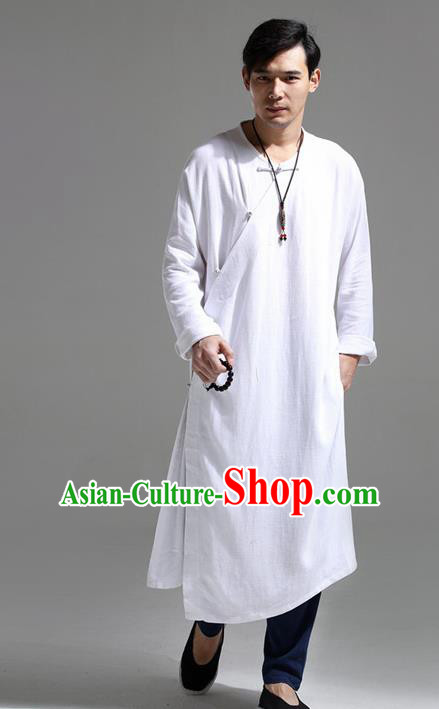Chinese Traditional Costume Tang Suit White Slant Opening Robe National Mandarin Overcoat for Men