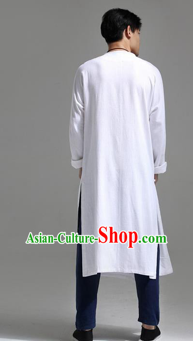 Chinese Traditional Costume Tang Suit White Slant Opening Robe National Mandarin Overcoat for Men