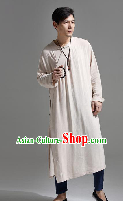 Chinese Traditional Costume Tang Suit Khaki Slant Opening Robe National Mandarin Overcoat for Men