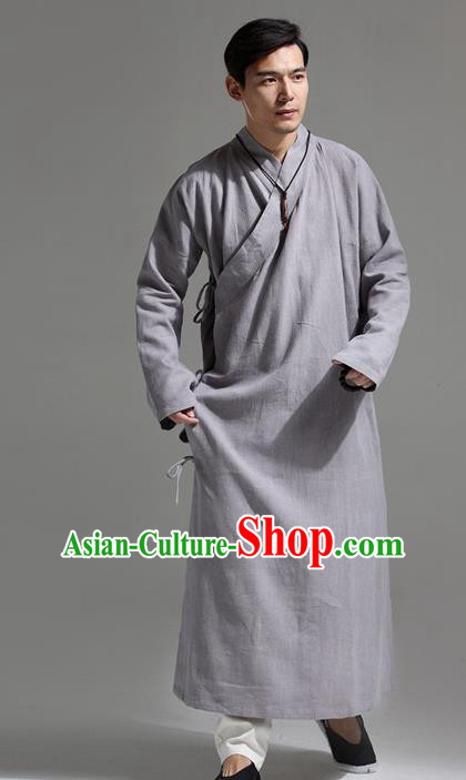 Chinese Traditional Costume Tang Suit Slant Opening Robe National Grey Mandarin Gown for Men