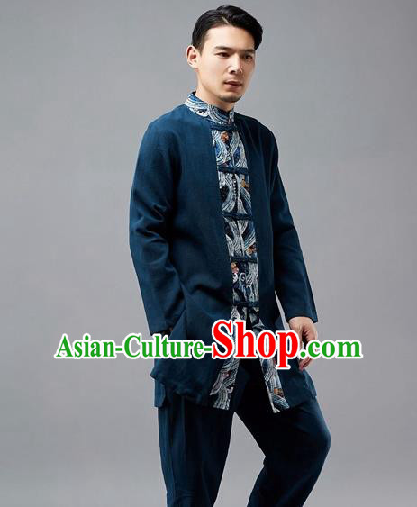 Chinese Traditional Costume Tang Suit Navy Coat National Mandarin Jacket for Men