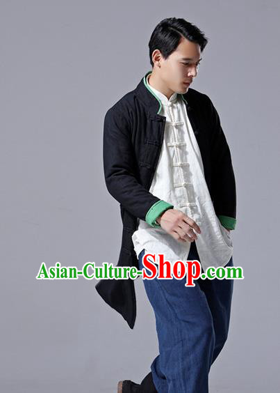 Chinese Traditional Costume Tang Suit Black Overcoat National Mandarin Dust Coat for Men