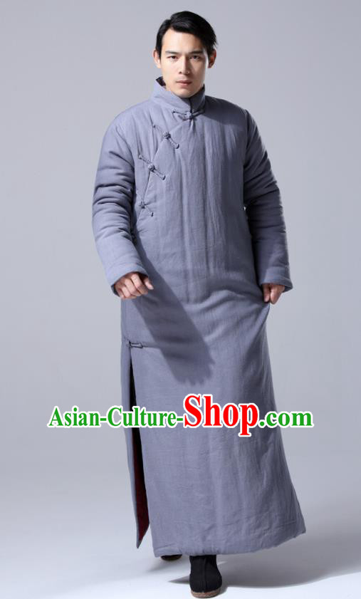 Chinese Traditional Costume Tang Suit Grey Cotton Wadded Robe National Mandarin Dust Coat for Men