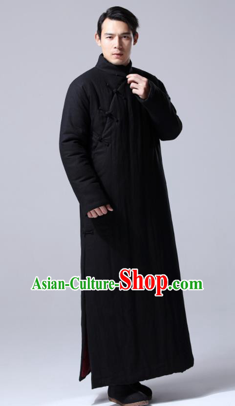 Chinese Traditional Costume Tang Suit Black Cotton Wadded Robe National Mandarin Dust Coat for Men