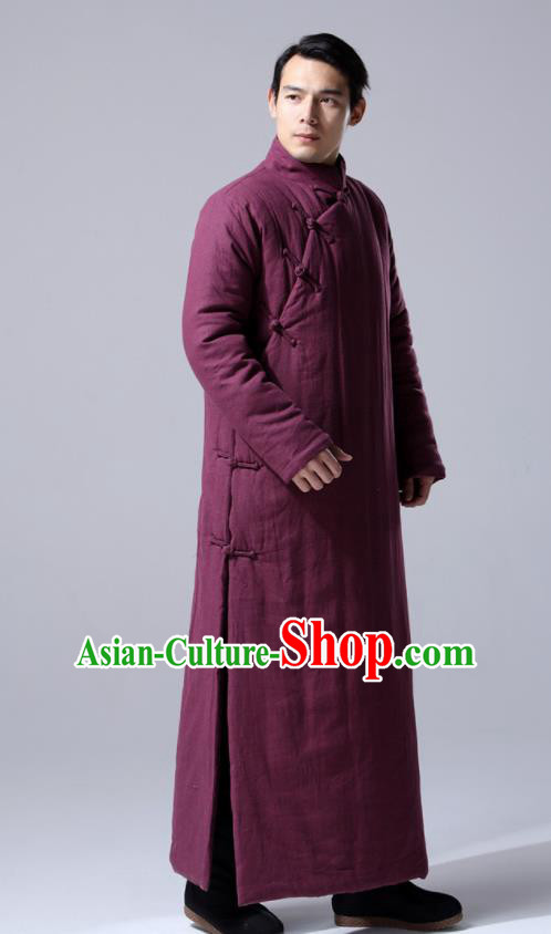Chinese Traditional Costume Tang Suit Wine Red Cotton Wadded Robe National Mandarin Dust Coat for Men