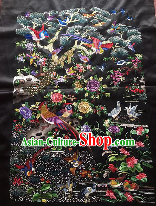 Chinese Traditional Handmade Embroidery Craft Embroidered Birds Black Patches Embroidering Silk Piece