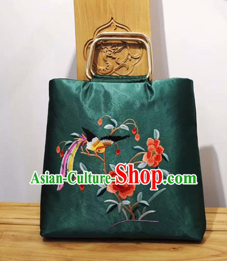 Chinese Traditional Handmade Embroidery Craft Embroidered Peony Green Handbag