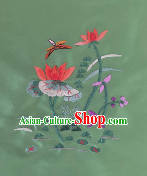 Chinese Traditional Handmade Embroidery Craft Embroidered Lotus Green Silk Patches