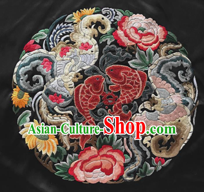 Chinese Traditional Embroidered Fishes Peony Silk Patches Handmade Embroidery Craft