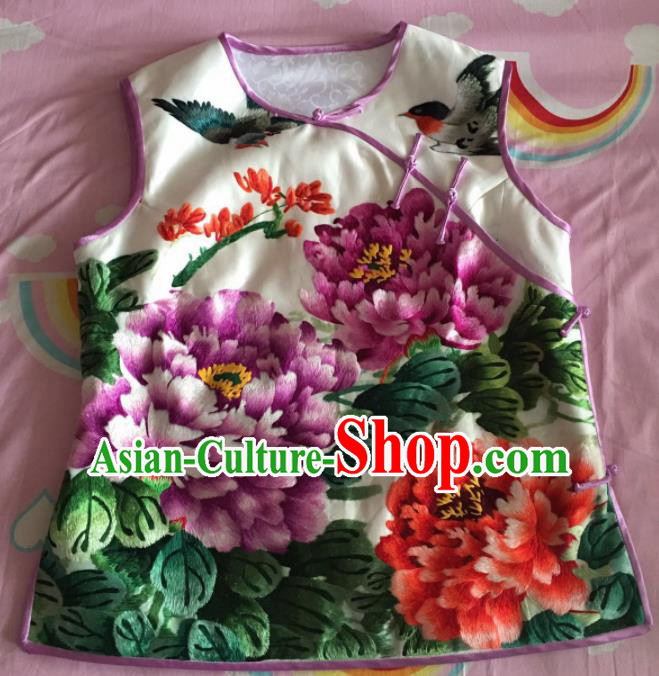 Chinese Traditional Costume Tang Suit Embroidered Peony White Silk Qipao Vest for Women