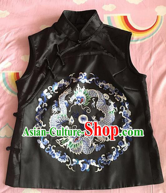 Chinese Traditional Costume Tang Suit Embroidered Dragon Black Vest for Women