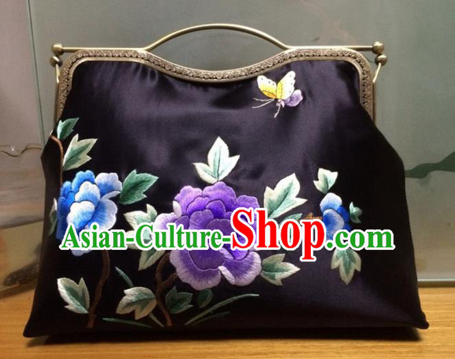 Chinese Traditional Embroidered Peony Black Handbag Handmade Embroidery Craft