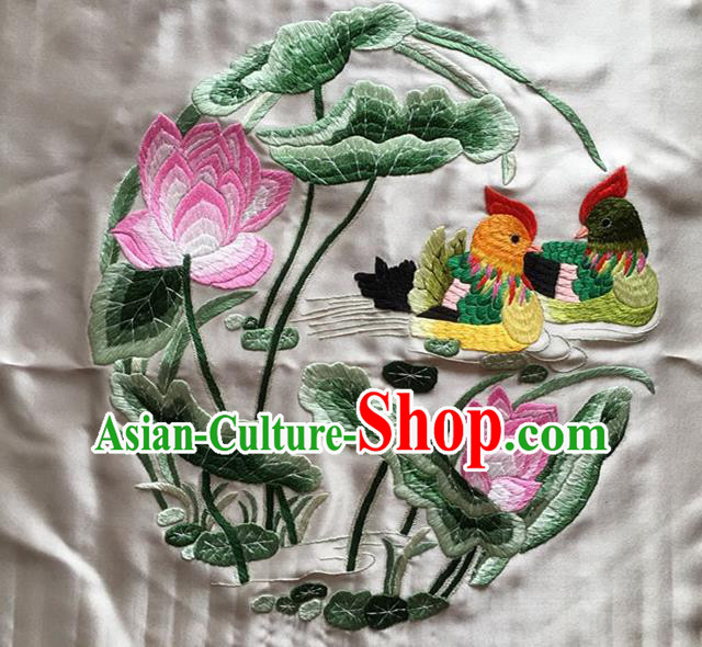 Asian Chinese Traditional Embroidered Mandarin Duck Lotus White Silk Patches Handmade Embroidery Craft