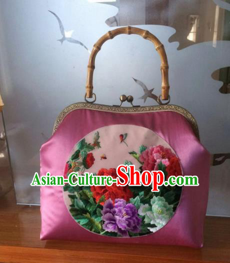 Chinese Traditional Embroidered Peony Pink Handbag Handmade Embroidery Craft Silk Bags