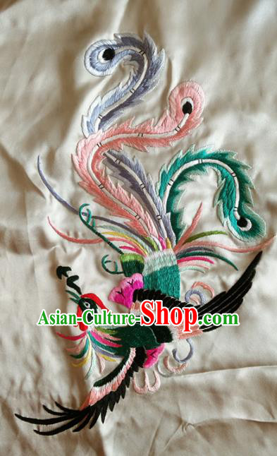 Asian Chinese Traditional Embroidered Phoenix White Silk Patches Handmade Embroidery Craft