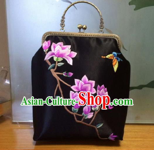 Chinese Traditional Embroidered Magnolia Black Handbag Handmade Embroidery Craft Silk Bags