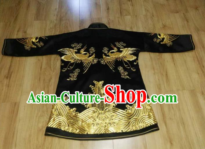 Chinese Traditional Silk Costume Tang Suit Embroidered Crane Black Silk Shirt for Men