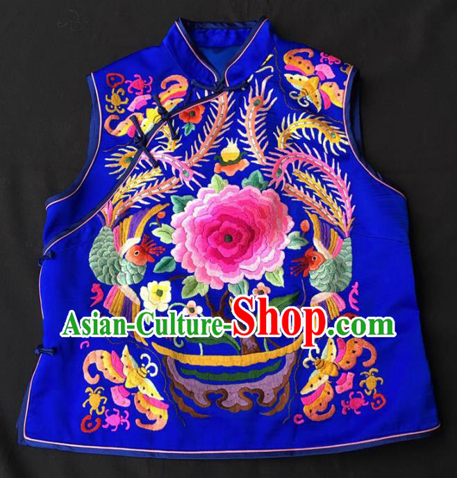 Chinese Traditional Silk Costume Tang Suit Embroidered Peony Royalblue Vest for Women