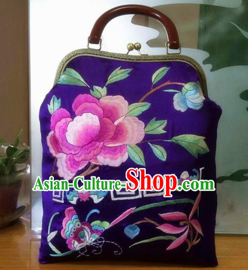 Chinese Traditional Embroidered Peony Purple Handbag Handmade Embroidery Craft Silk Bags