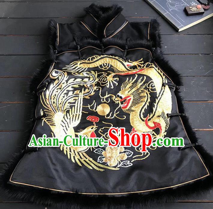 Chinese Traditional Costume Tang Suit Embroidered Dragon Phoenix Black Vest for Women