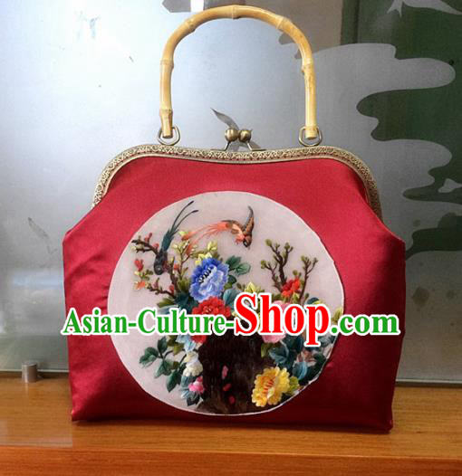 Chinese Traditional Embroidered Peony Red Handbag Handmade Embroidery Craft