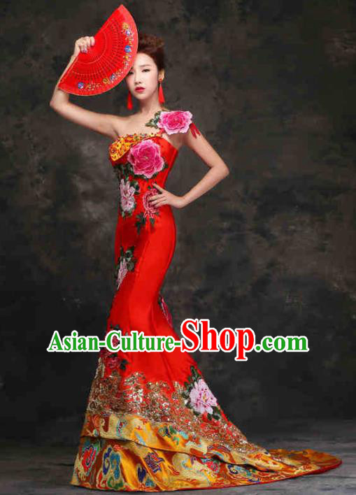 Chinese Traditional Costumes Elegant Embroidered Red Cheongsam Trailing Full Dress for Women